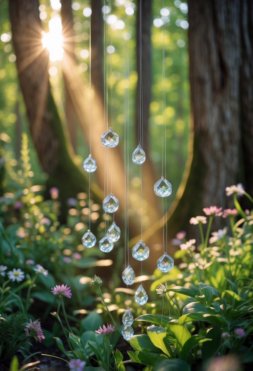 Clusters of tiny crystal orbs sparkling in sunlight among green plants and flowers in a forest garden.
