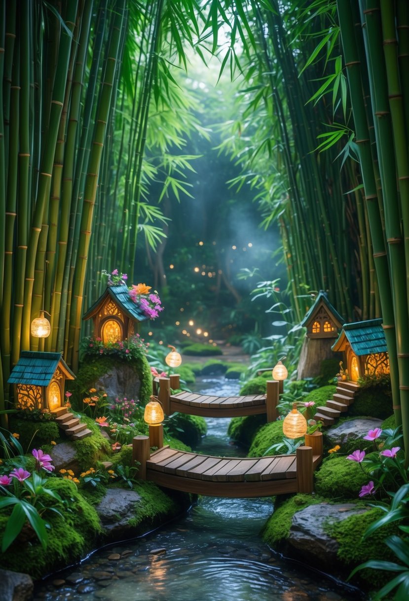 A secret fairy garden hidden within dense bamboo clusters, featuring tiny fairy houses, glowing lanterns, and lush greenery.