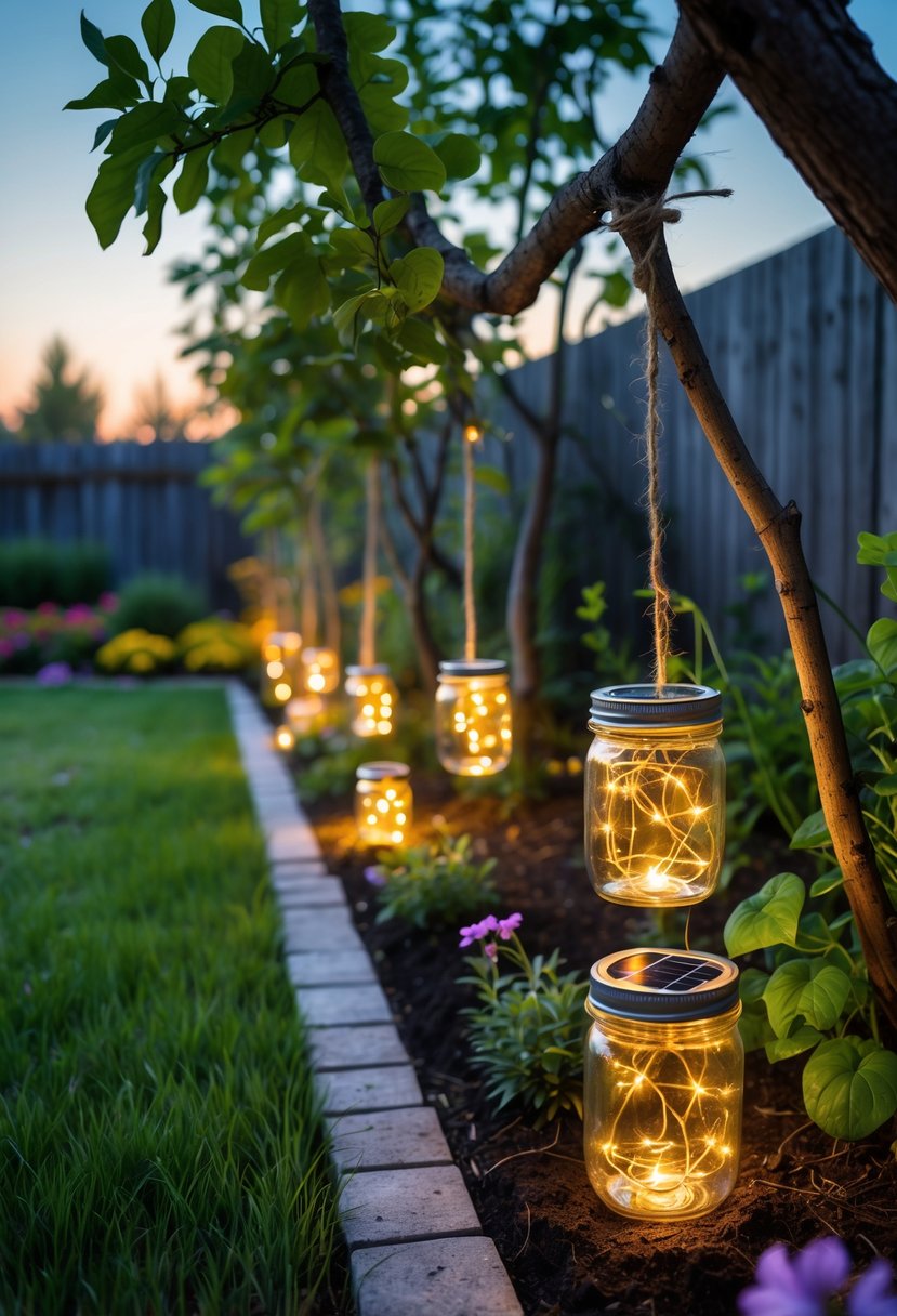 A garden pathway lined with glowing solar lights made from glass jars hanging from tree branches surrounded by plants and flowers.