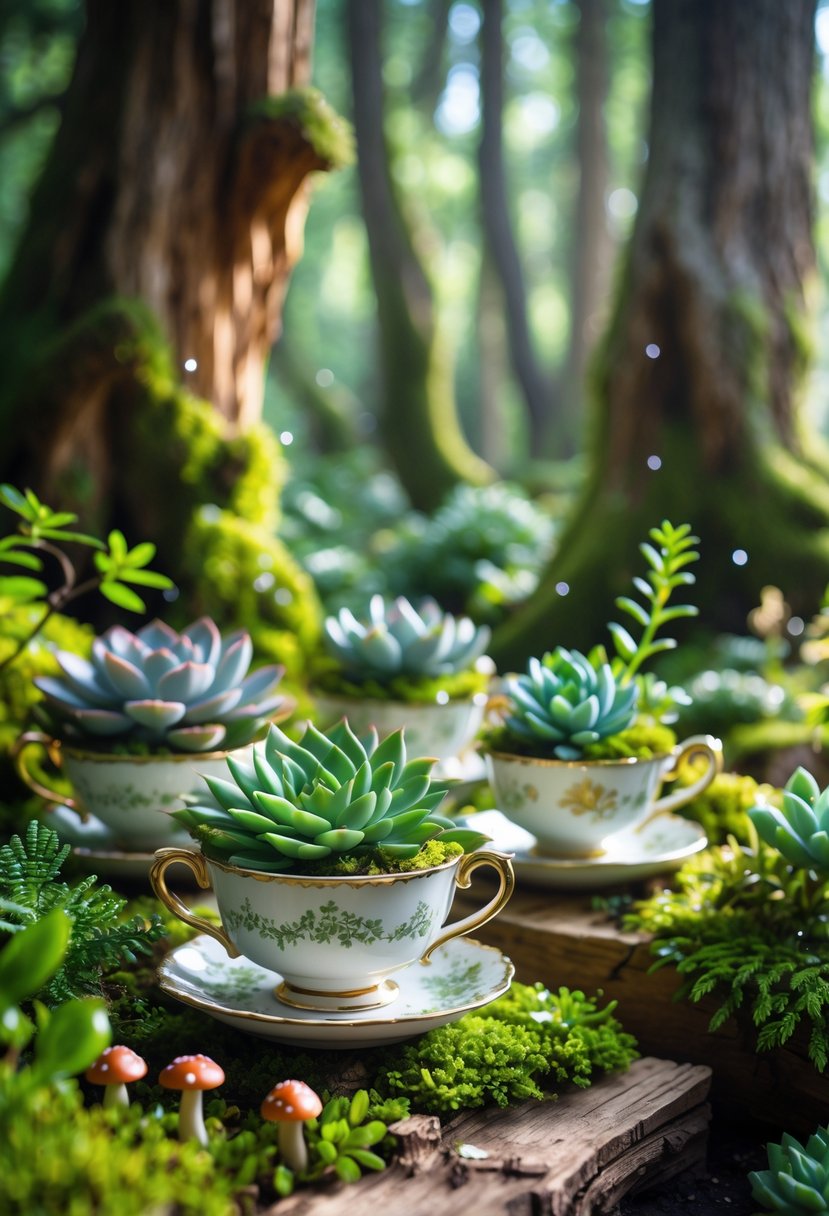 Tiny teacup planters with succulents arranged among moss and plants in a forest garden.