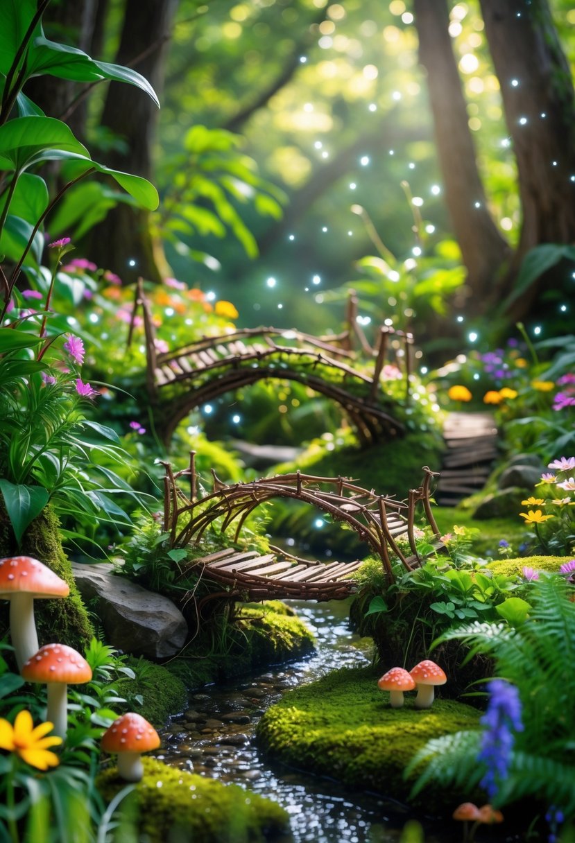 Small fairy bridges made of twigs and leaves in a lush forest garden with plants and soft sunlight.