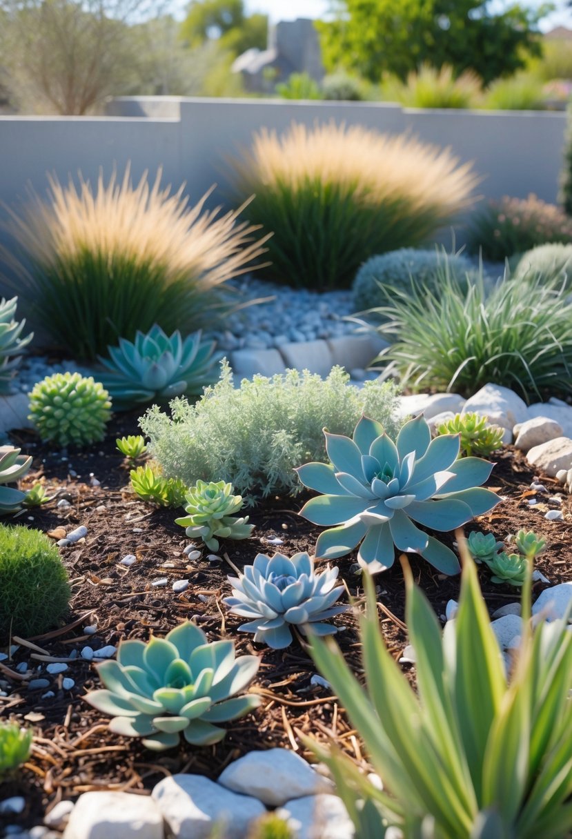 A sunny outdoor garden with drought-tolerant native plants, including succulents and grasses, arranged with mulch and stones.