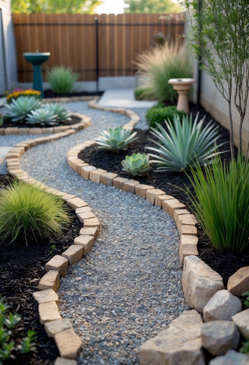 A backyard garden with a gravel pathway bordered by mulch beds and drought-tolerant plants, surrounded by a wooden fence.