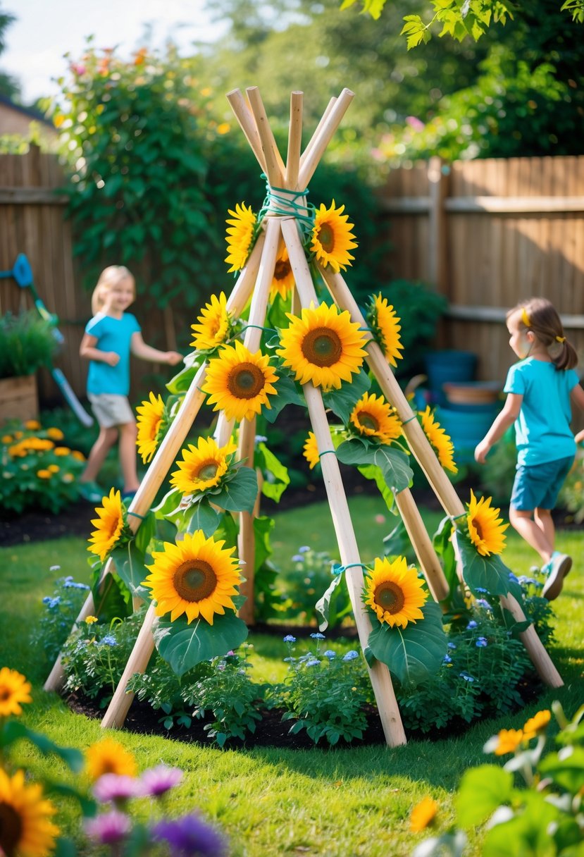 Children playing around a homemade sunflower teepee made of wooden poles and sunflower decorations in a sunny garden.