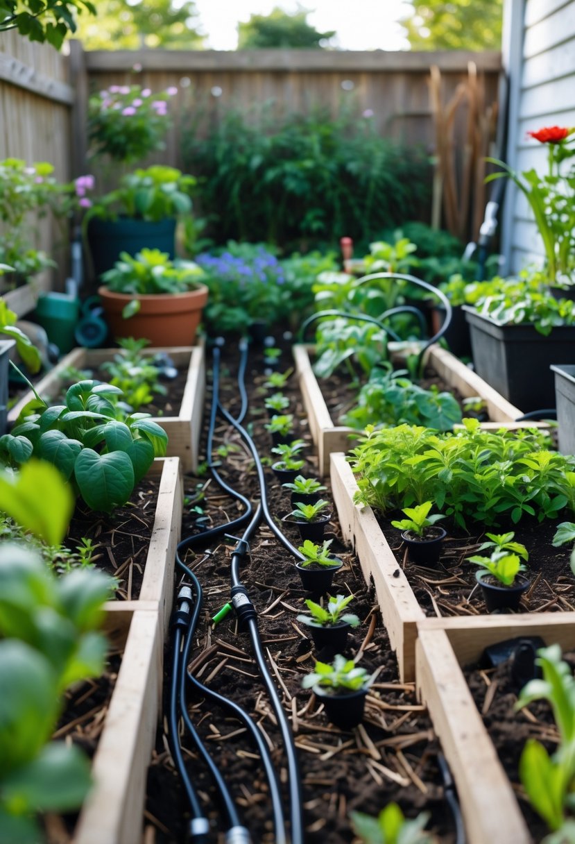 A backyard garden with green plants and black drip irrigation tubing delivering water to the plants in raised beds and pots.
