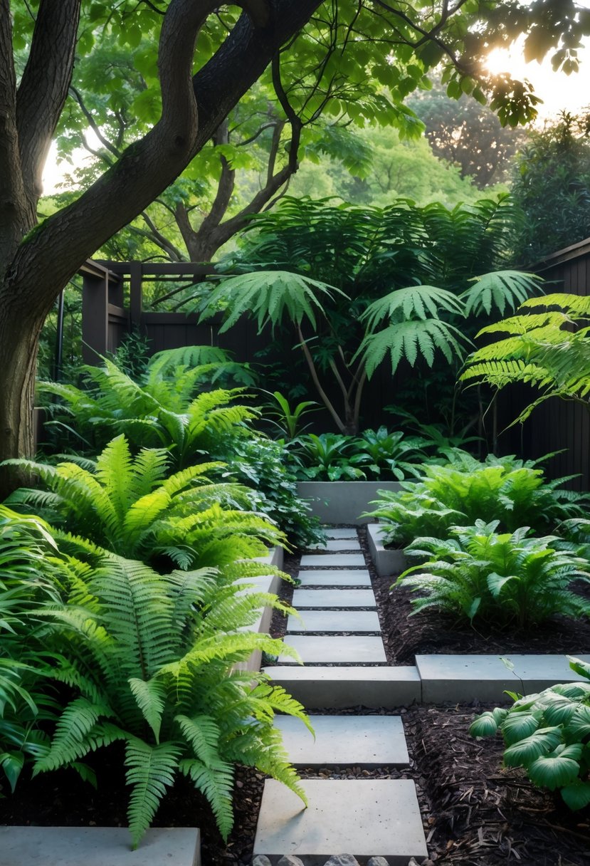 A shaded garden area with green ferns growing under trees, featuring stone pathways and wooden planters.
