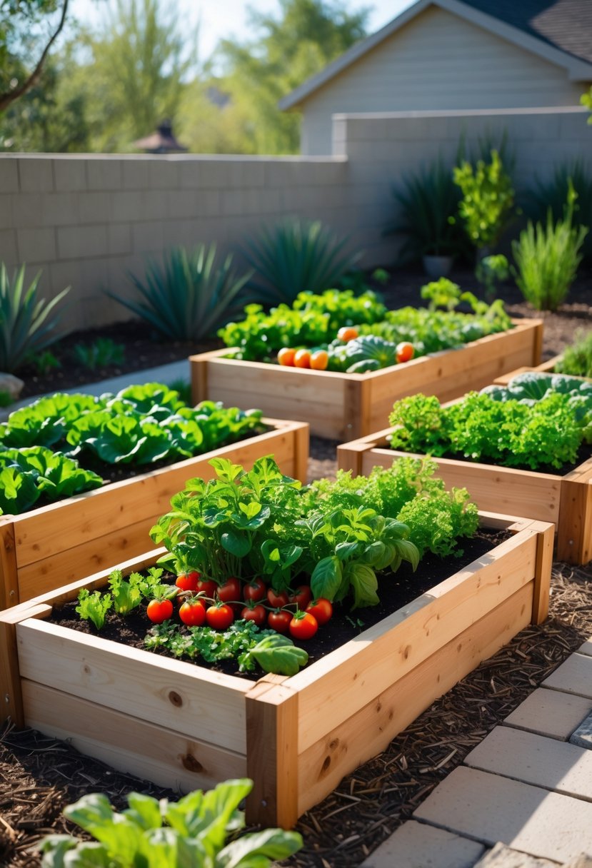 Backyard with multiple raised wooden vegetable garden beds filled with various growing vegetables and herbs, surrounded by mulch and stone pathways.