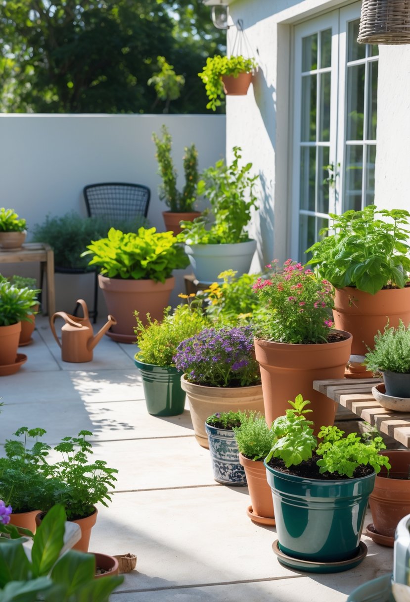 A sunny patio with various potted plants and flowers arranged neatly in containers of different shapes and sizes.