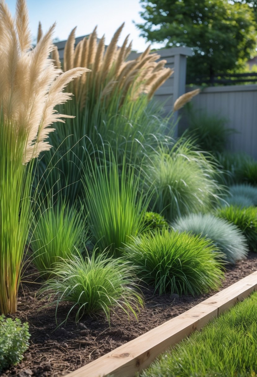 A sunny garden bed filled with various ornamental grasses of different heights and textures, bordered by natural edging materials.