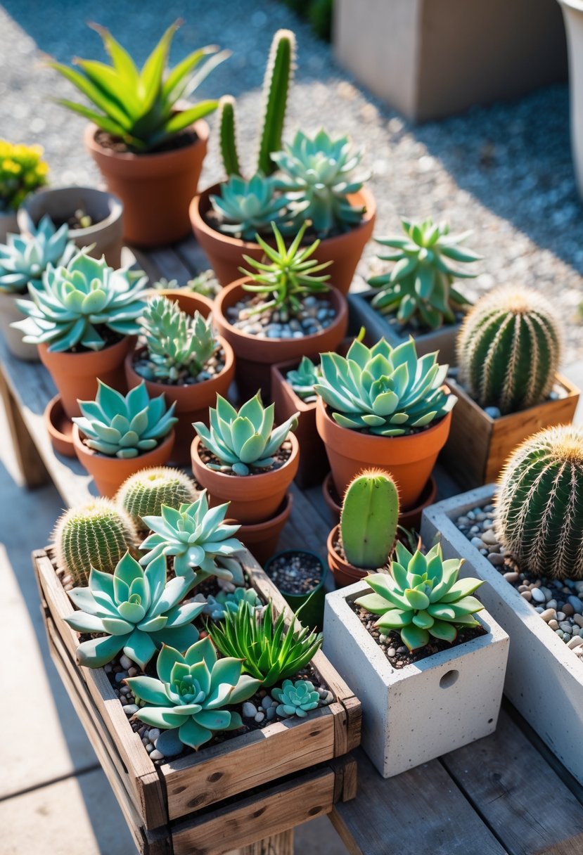 A variety of succulents and cacti arranged in simple pots and containers on a wooden table outdoors.