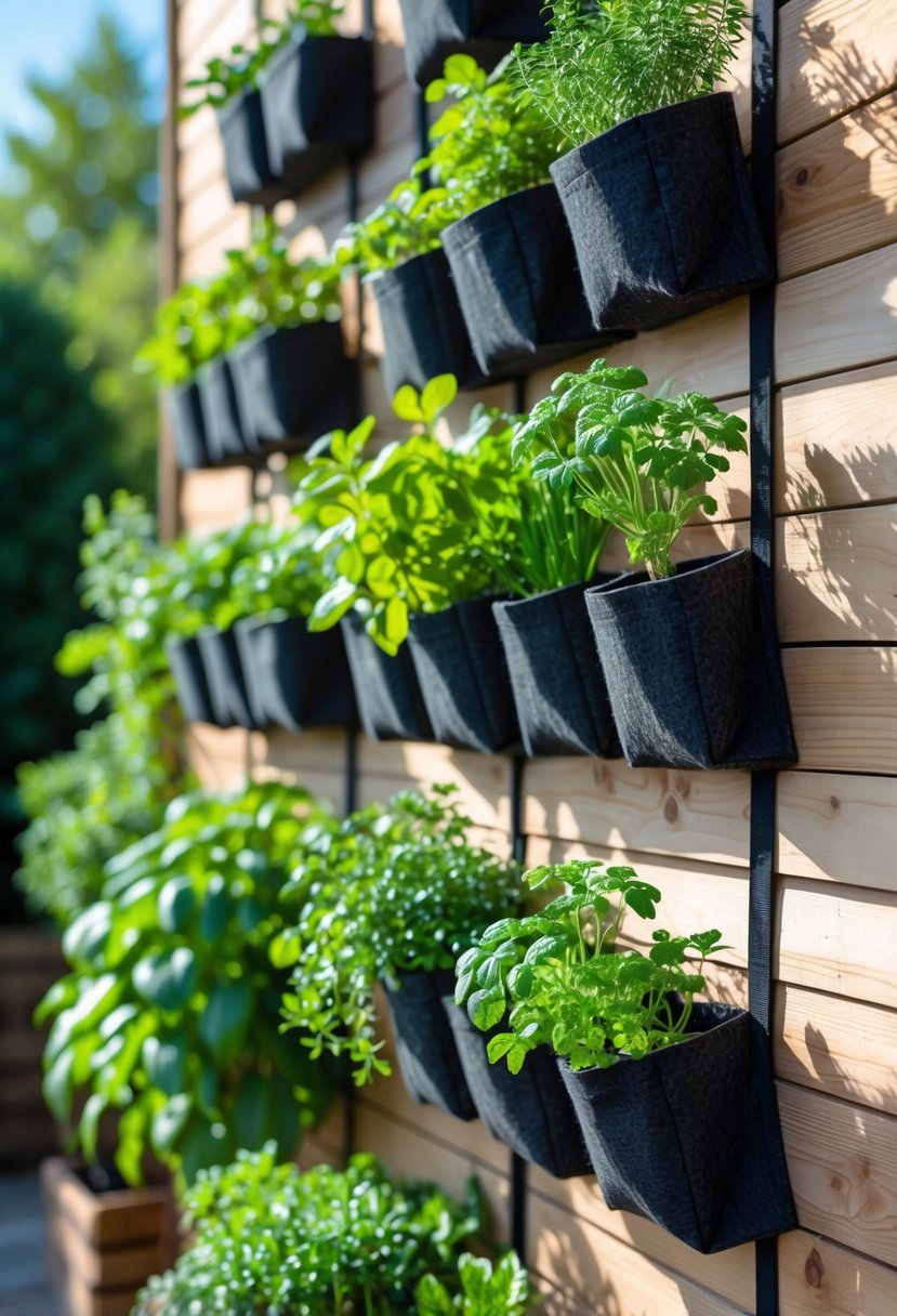 Vertical garden with pocket planters filled with green plants and herbs mounted on a wooden wall.