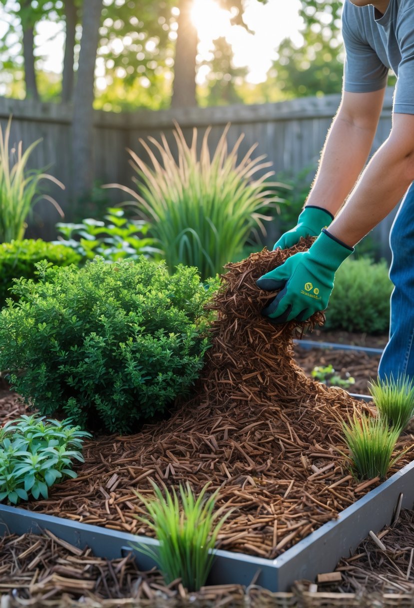 Hands wearing gloves spreading mulch around plants in a garden bed outdoors.