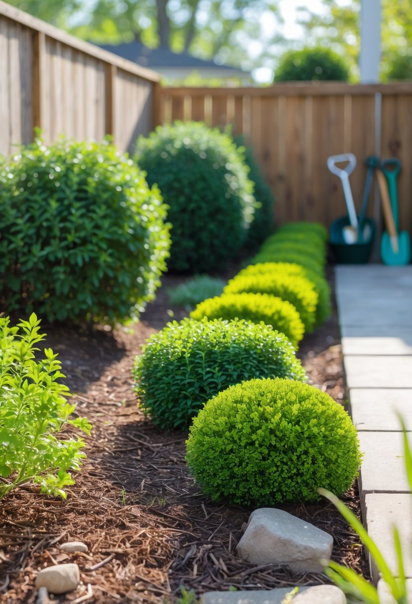 A backyard garden with neatly arranged slow-growing shrubs along a pathway, surrounded by mulch and stones.