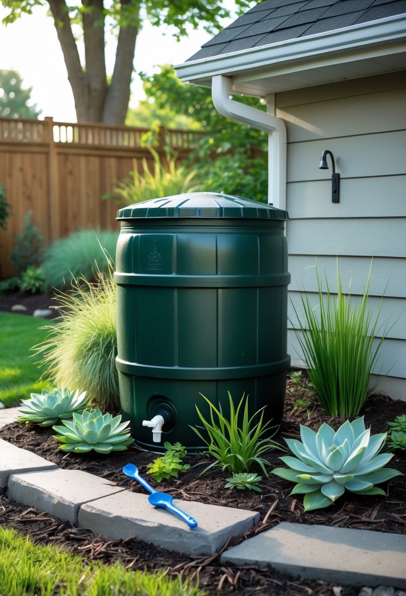 A rain barrel set up under a house downspout in a garden with low-maintenance plants and gardening tools nearby.