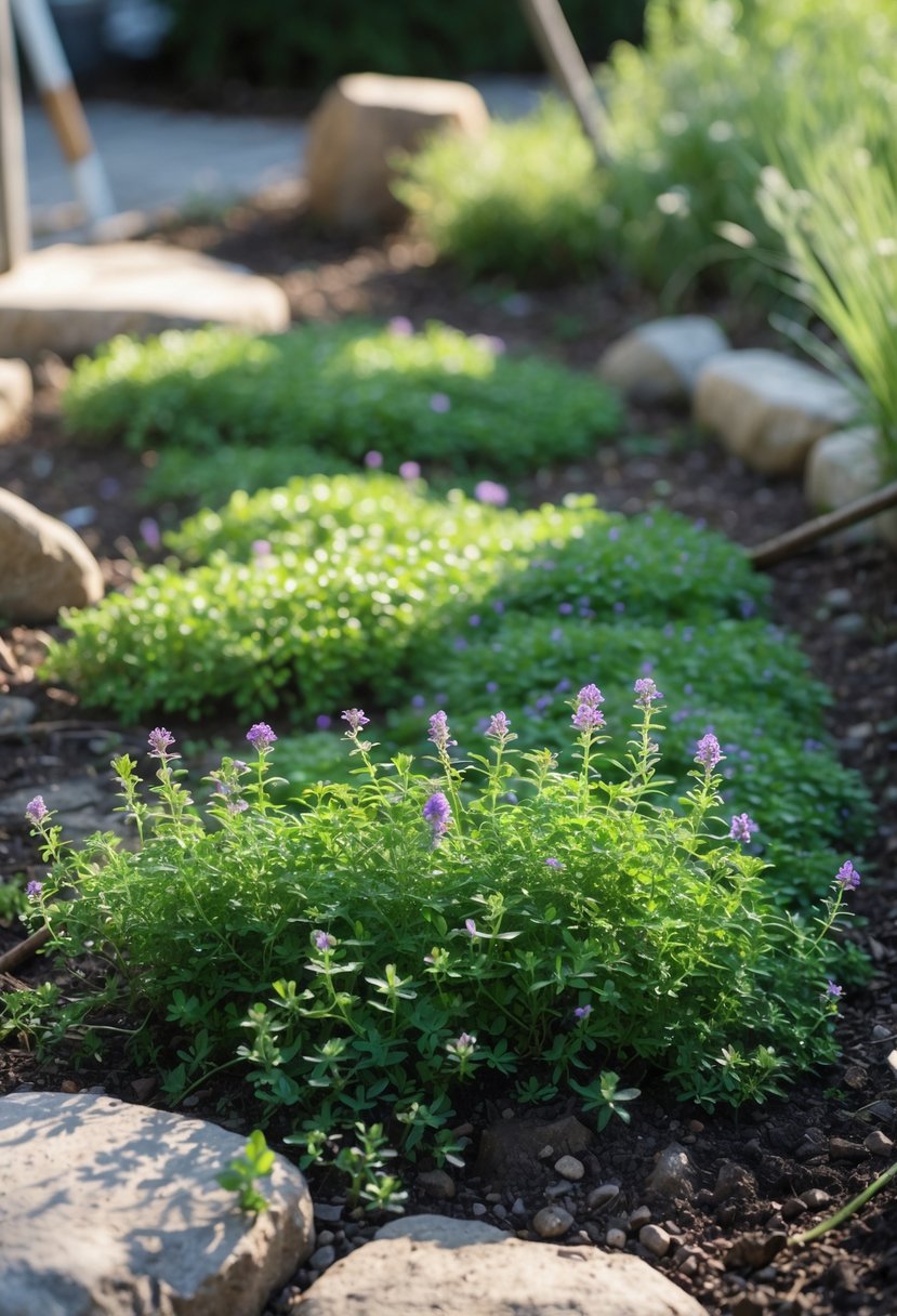 A garden with dense green creeping thyme ground cover and small purple flowers growing over soil and stones.