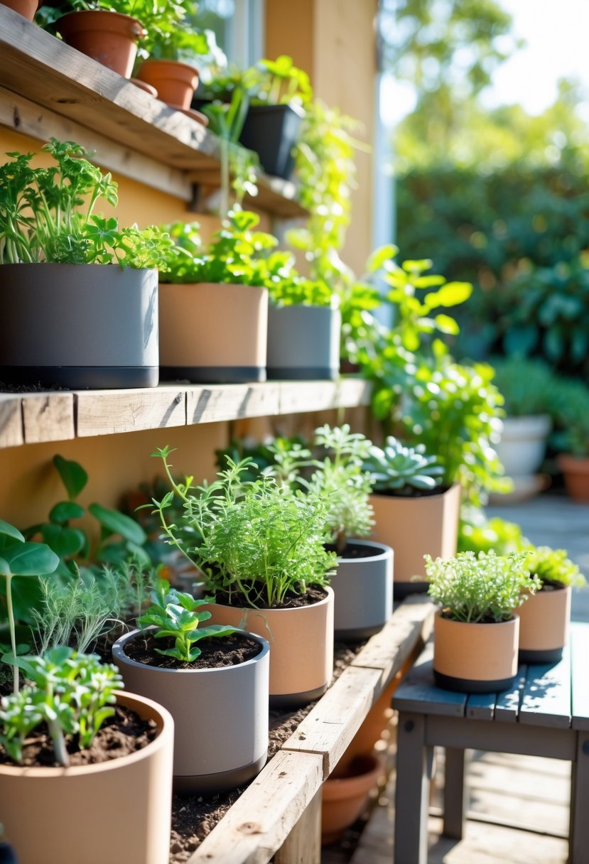 A home garden with self-watering pots containing herbs and succulents arranged on a wooden shelf and table outdoors.