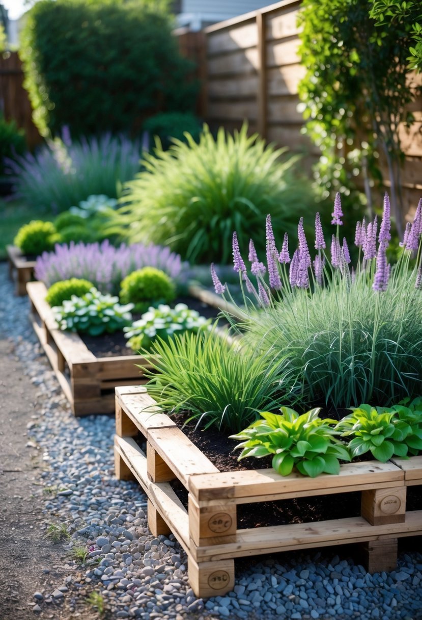 A small backyard garden with hardy perennial plants in raised wooden beds and stone-bordered flower patches, featuring gravel pathways and recycled wooden planters.
