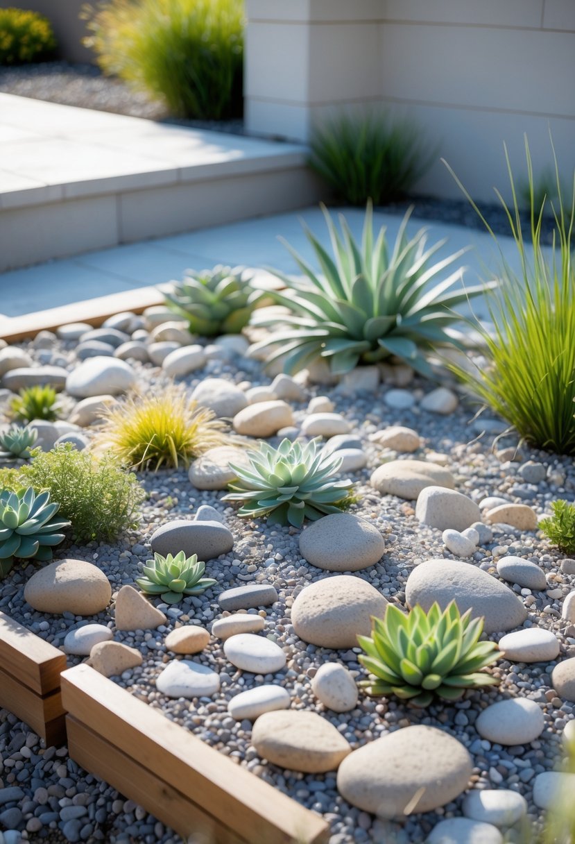 A simple rock garden with smooth stones, gravel, and small drought-tolerant plants in a backyard setting.