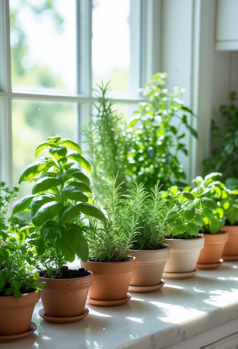 A kitchen windowsill with small pots of fresh green herbs like basil, rosemary, thyme, and mint, bathed in natural sunlight.