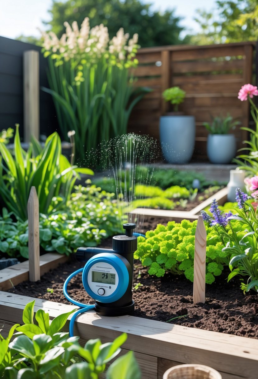 A backyard garden with green plants, an automatic garden timer attached to a hose, and simple DIY garden decorations.