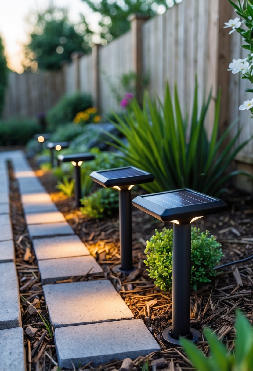 A garden pathway lined with solar garden lights surrounded by green plants and shrubs.