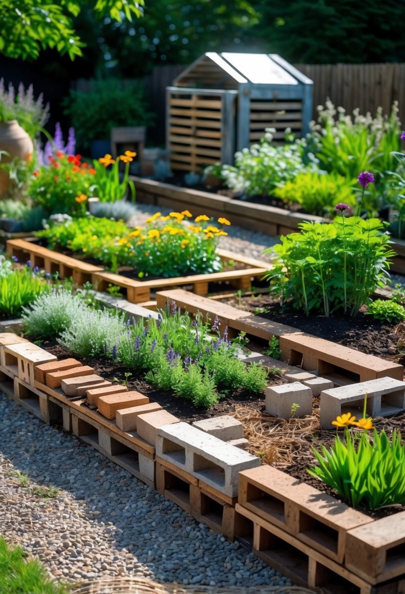 A garden with flower beds bordered by recycled wooden pallets, bricks, and metal sheets, featuring colorful plants and a compost bin made from crates.