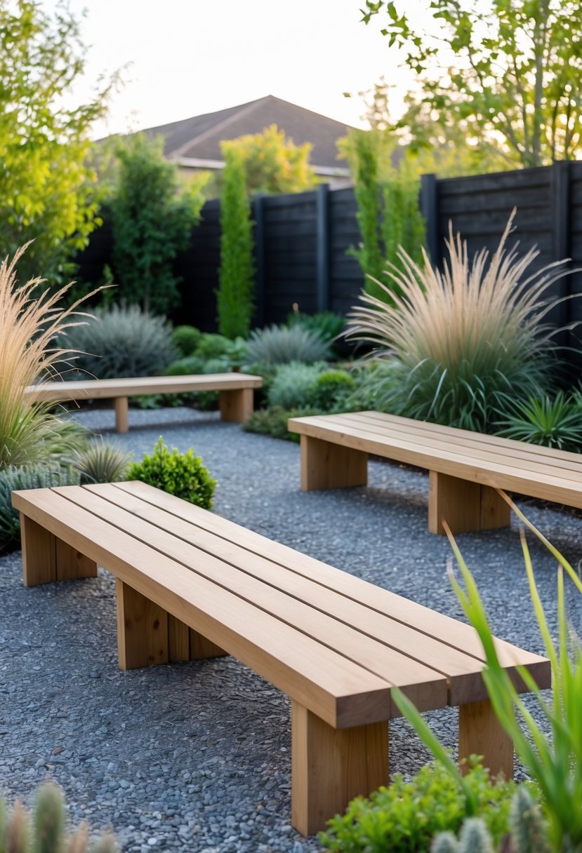 Outdoor garden with simple wooden benches surrounded by low-maintenance plants and gravel ground.