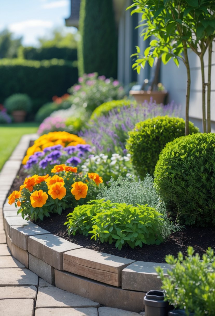 A garden with colorful flower borders and low-maintenance shrubs arranged along a tidy lawn on a sunny day.
