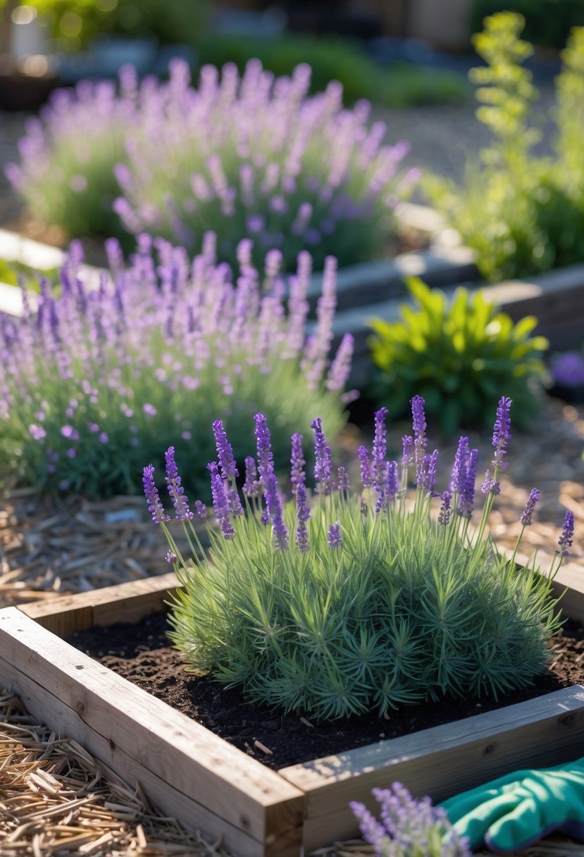 A small garden bed with blooming lavender plants surrounded by mulch and wooden borders, with gardening tools nearby.