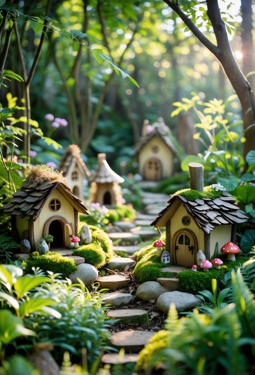 A peaceful forest garden with small whimsical fairy houses surrounded by green plants and flowers.