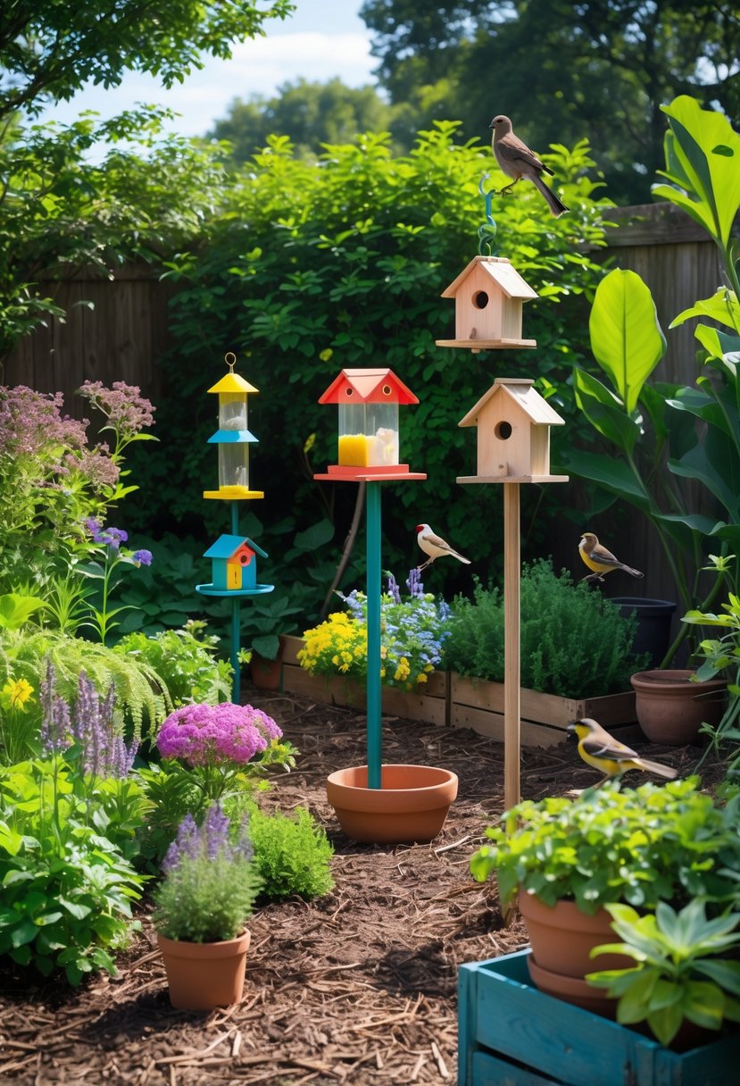 Backyard garden with bird feeders, birdhouses, green plants, and birds perched, showing a natural pest control setup.