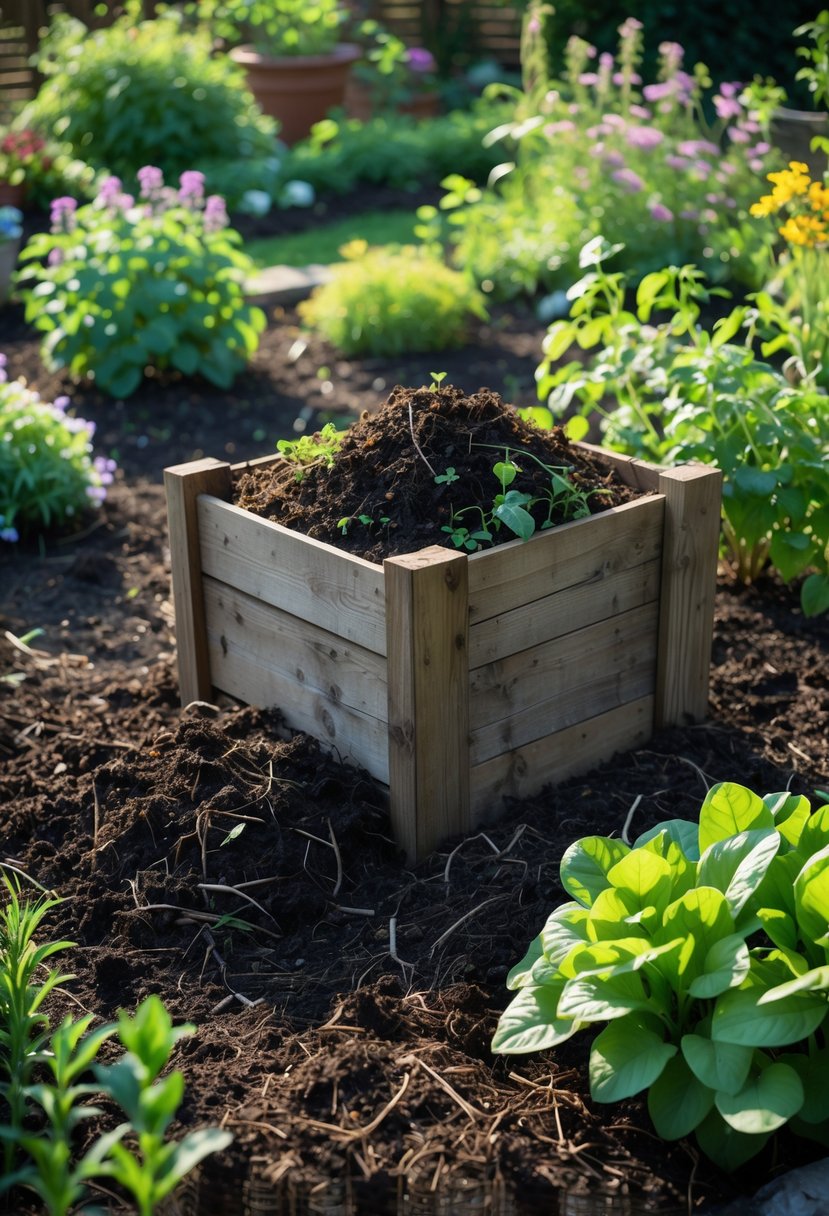 A garden with a wooden compost bin filled with organic waste and healthy green plants growing around it.