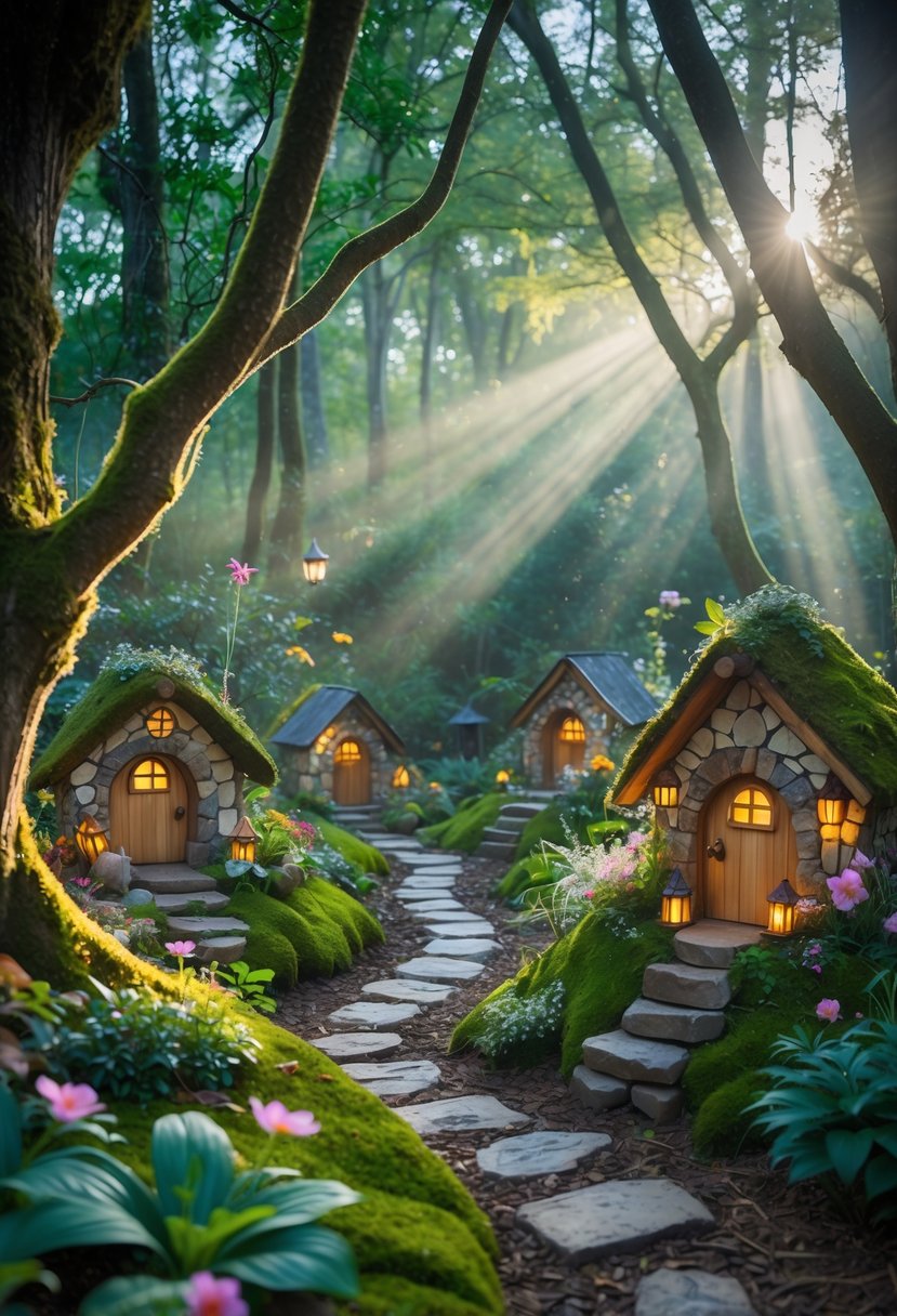 A peaceful forest garden with small fairy houses hidden among trees, flowers, and moss.