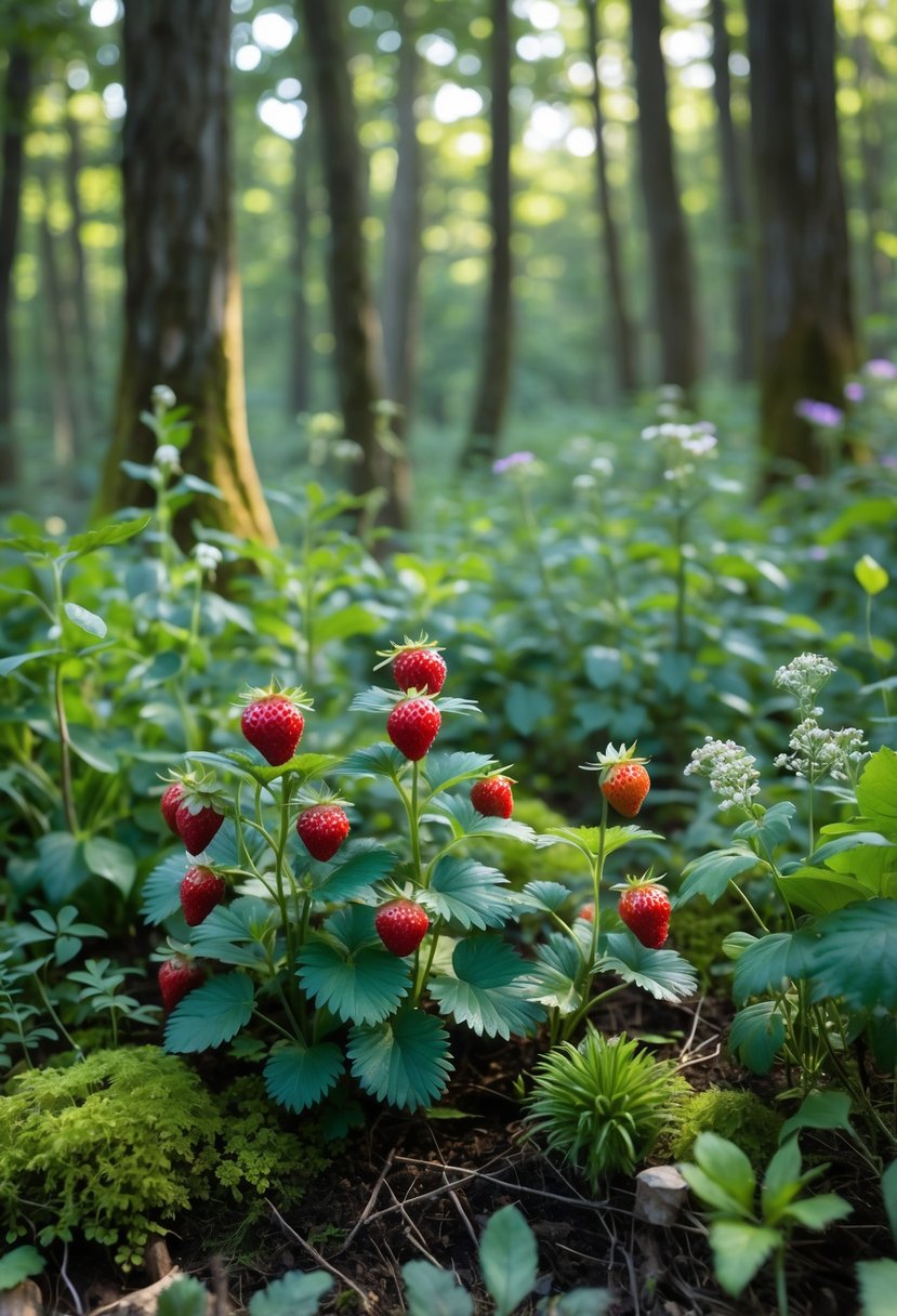 A peaceful forest garden with wild strawberry plants bearing red berries among green leaves, surrounded by other small edible plants and trees.