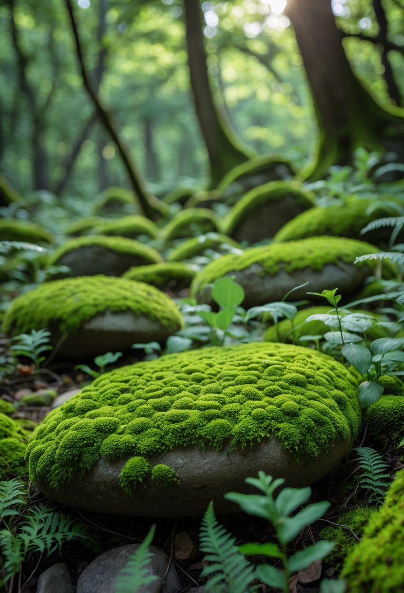 Close-up of moss-covered stones surrounded by ferns and small plants on a forest floor.