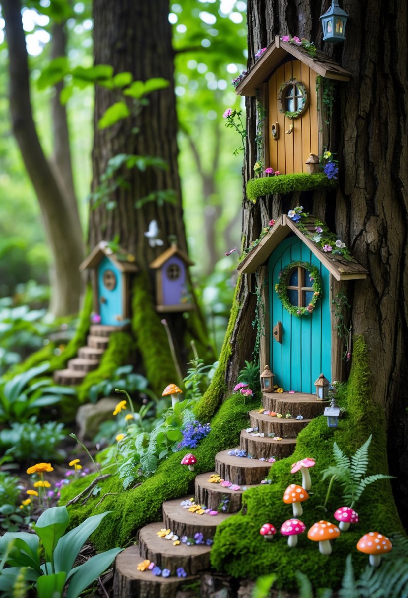 A forest scene with tree trunks featuring small colorful fairy doors surrounded by plants and flowers.
