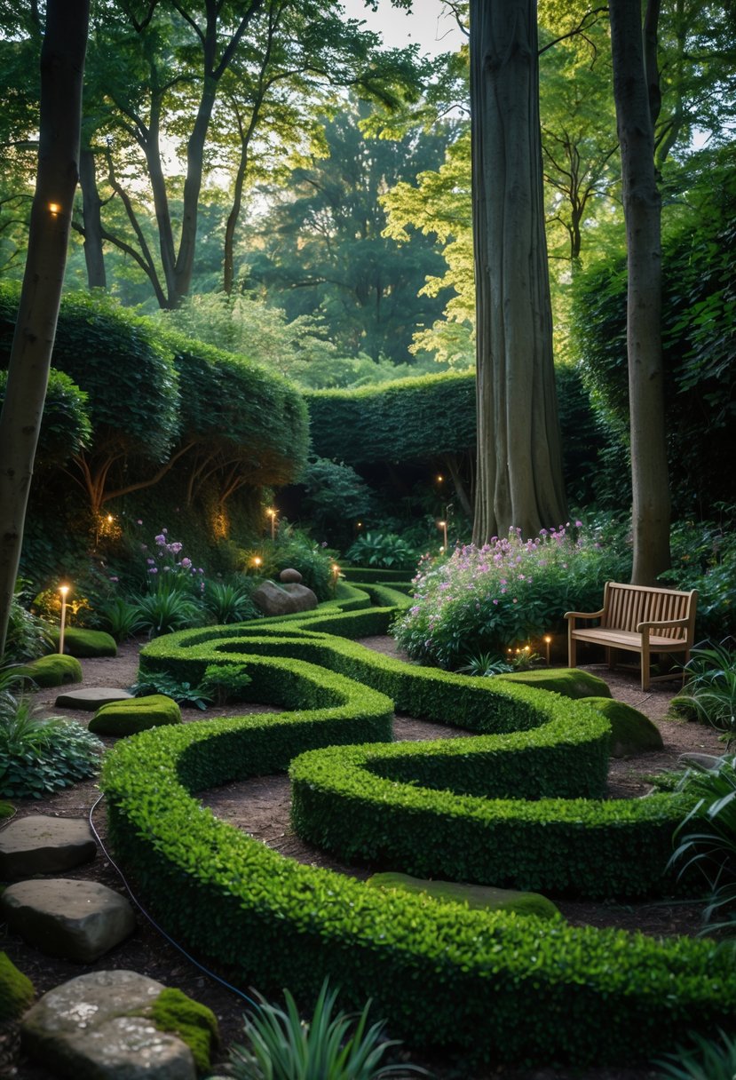 A secret garden corner with low hedges, flowering plants, tall trees, and soft sunlight filtering through the forest canopy.