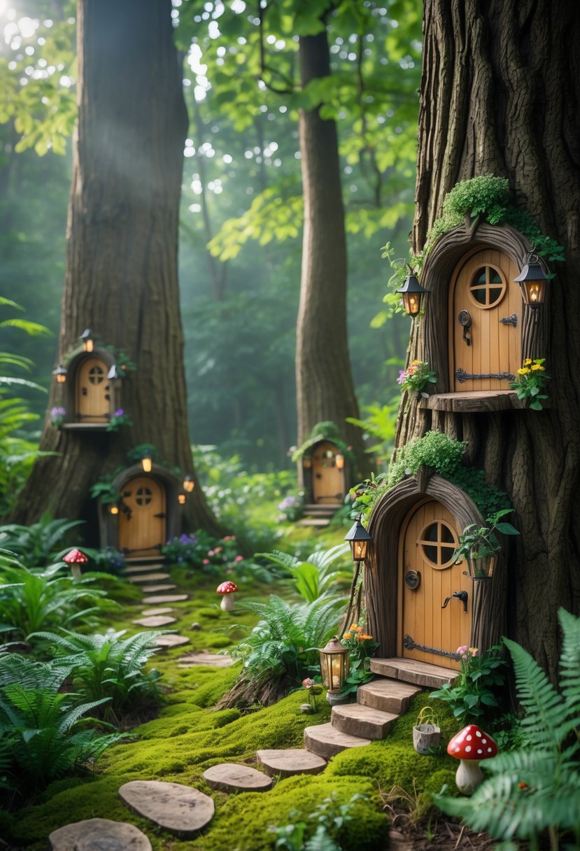 Several small fairy doors built into tree trunks in a forest garden surrounded by plants and flowers.