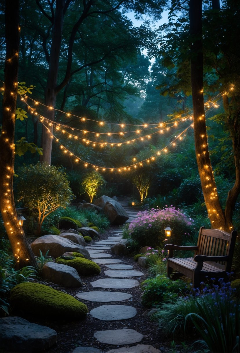 An enchanted forest garden at dusk lit by twinkling fairy string lights among trees, plants, and garden paths.