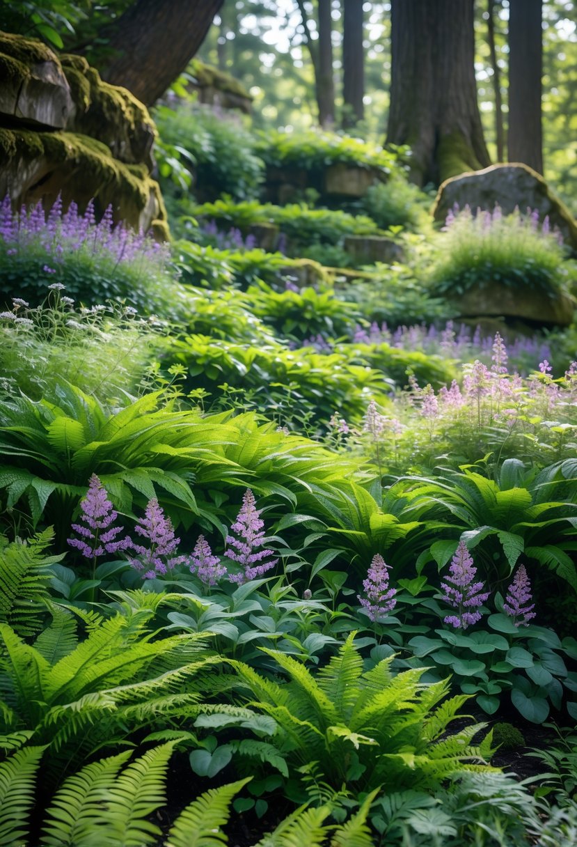 A layered garden scene with green ferns and colorful wildflowers under a forest canopy.