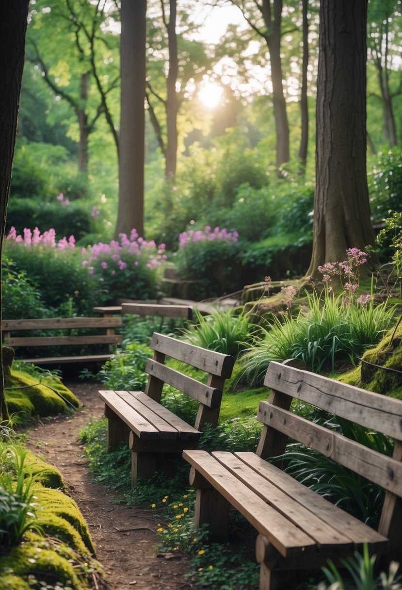 Rustic wooden benches surrounded by trees and flowering plants in a peaceful forest garden.