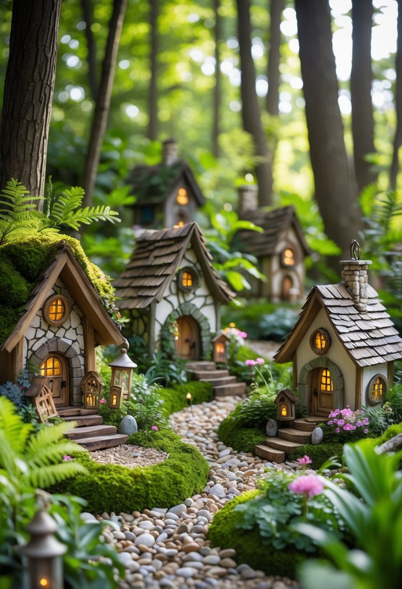 A forest garden with small fairy houses surrounded by green plants, flowers, and trees with sunlight filtering through.
