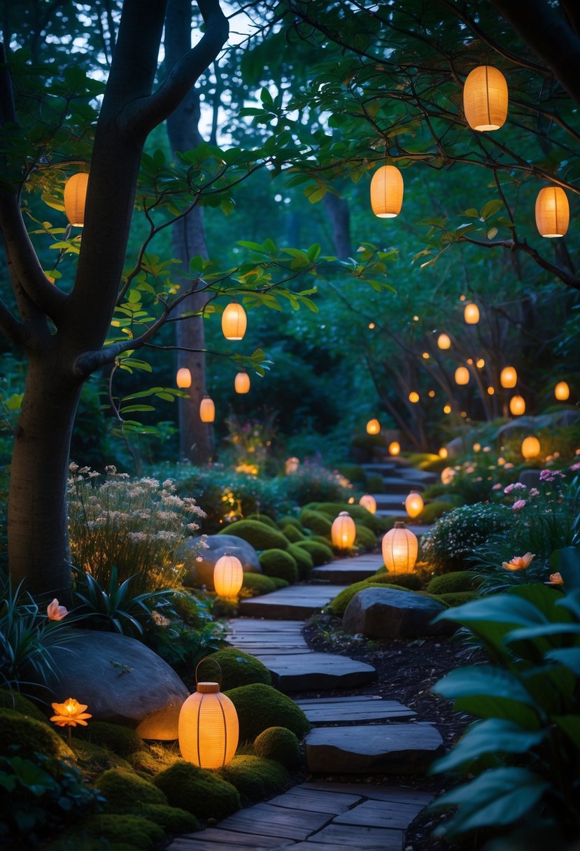 A softly lit forest garden with glowing lanterns hanging from trees and lining garden paths surrounded by green plants and flowers.
