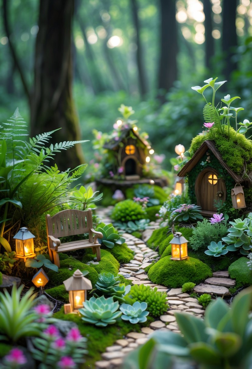 A miniature fairy garden with small plants, tiny fairy houses, benches, lanterns, and stone pathways set in a forest environment.