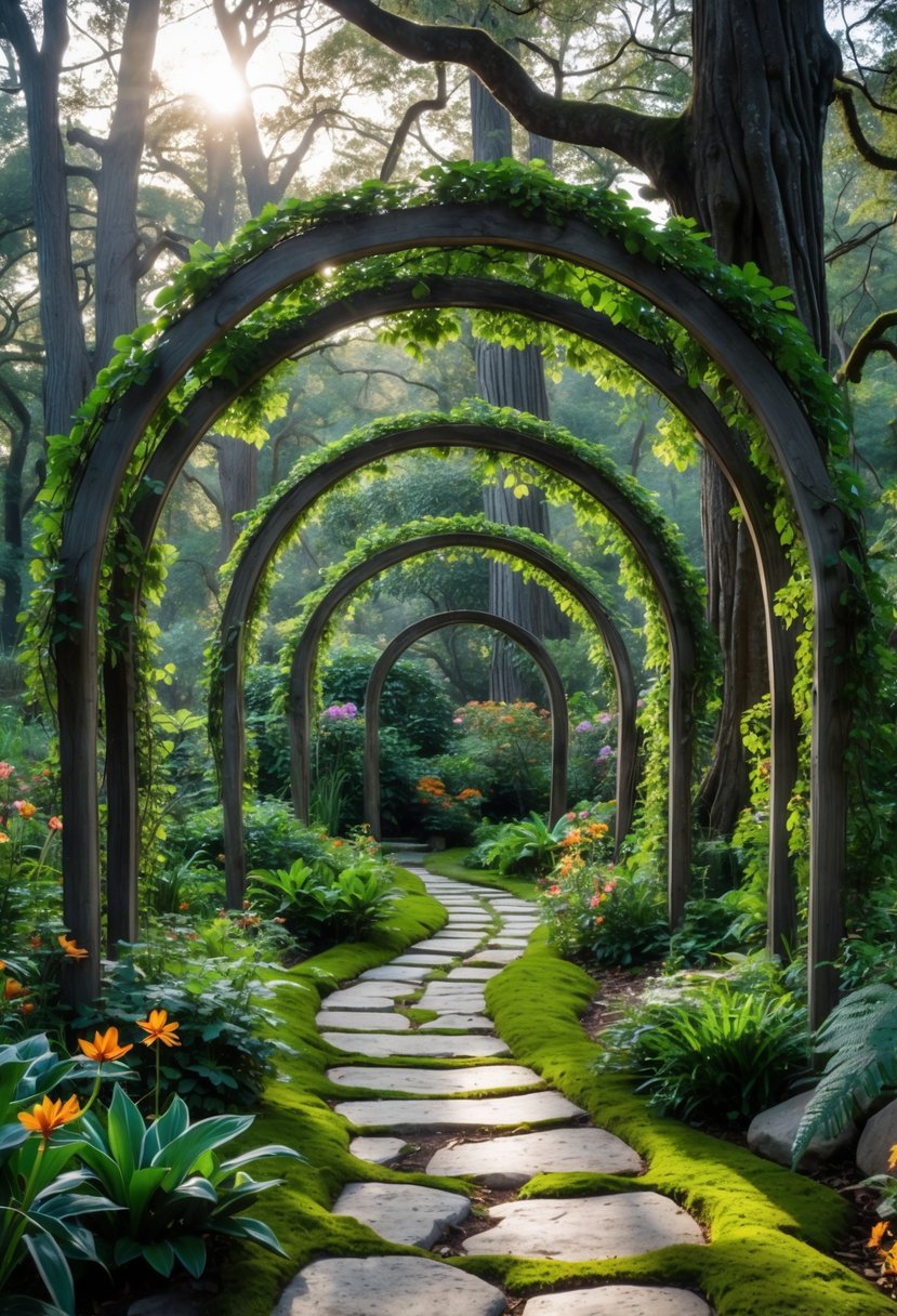 Curved wooden garden arches covered with green vines along a stone path in a forest garden surrounded by trees and plants.