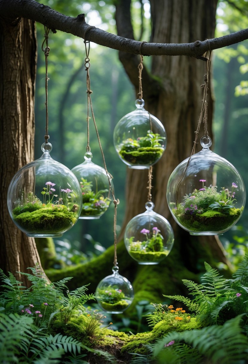 Hanging glass terrariums filled with plants suspended from tree branches in a lush forest garden.