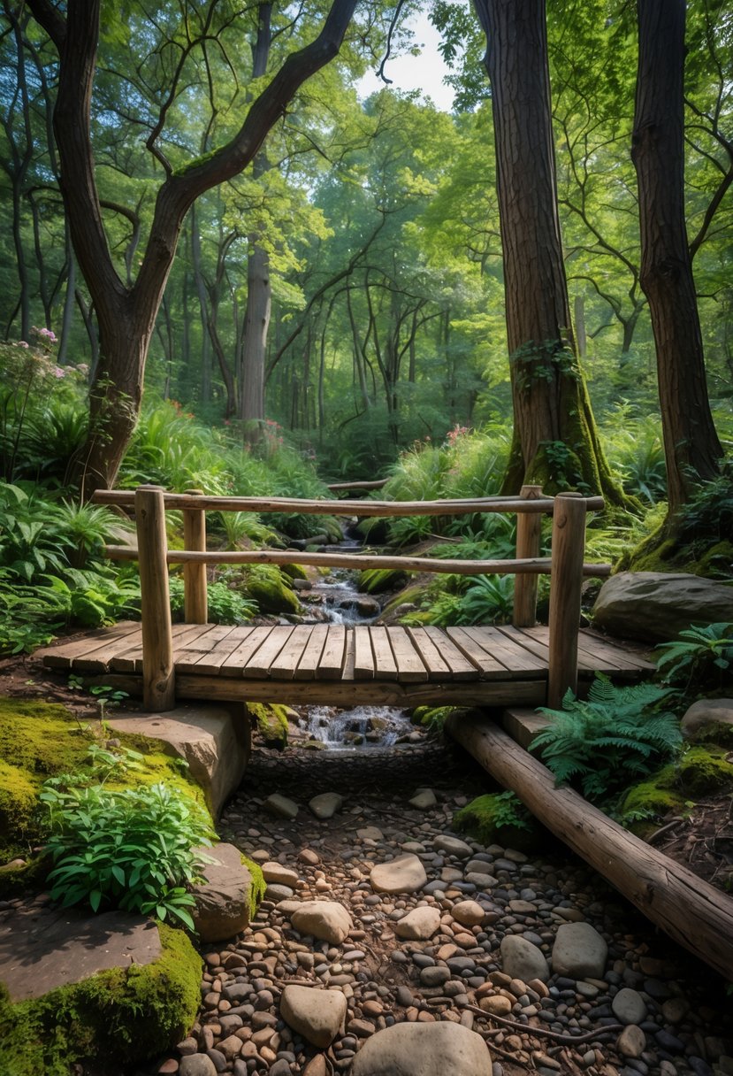 A rustic wooden bridge over a dry creek bed surrounded by trees, moss, and plants in a forest garden.
