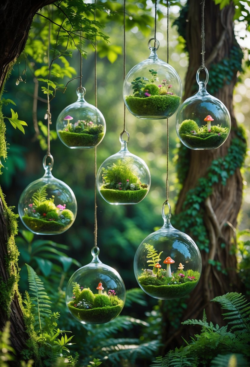 Hanging glass terrariums filled with plants suspended from tree branches in a dense forest garden.