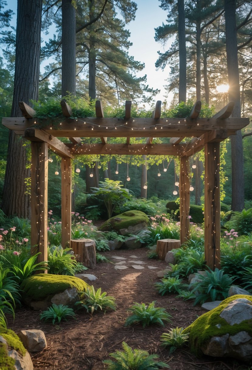 A natural wood pergola surrounded by lush greenery and wildflowers in a forest garden with sunlight filtering through tall trees.