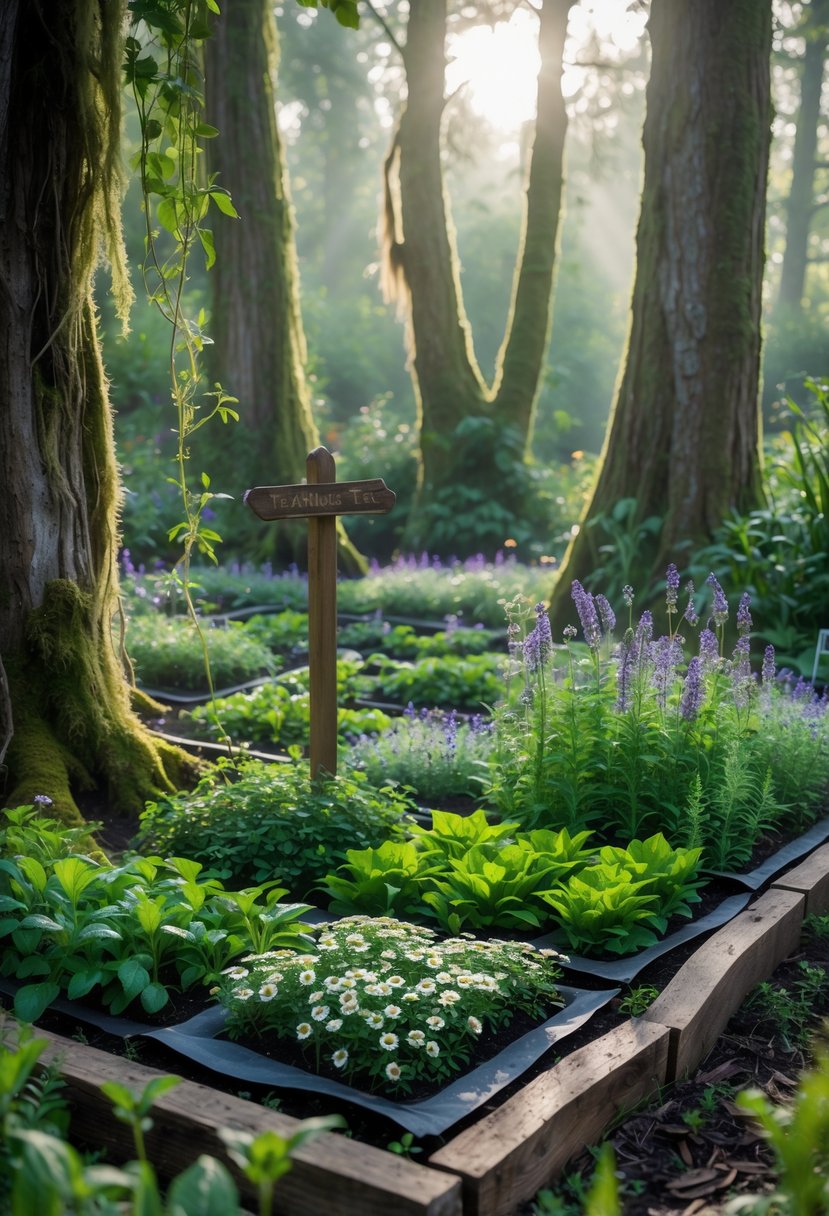 A peaceful herbal tea garden patch surrounded by tall trees and greenery in a forest setting.